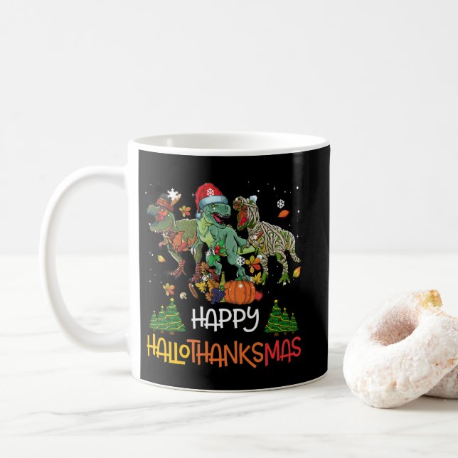 Caneca De Café Feliz Hallothanksmas Dia de Ação de Graças Dinossa (Com Donut)