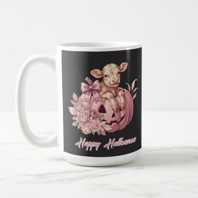 Caneca De Café Feliz Halloween Bebe Vaca&Pastel Rosa Abóbora (Esquerda)