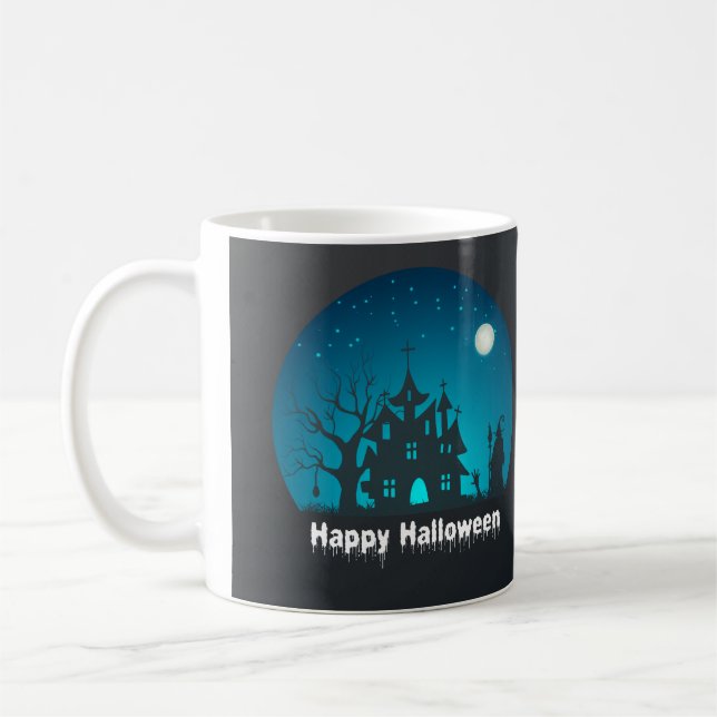 Caneca De Café Feliz Halloween Blue e Black Hauned House (Esquerda)