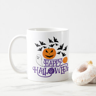 Caneca De Café Feliz Halloween bombeiros fantasmas morcegos roxos