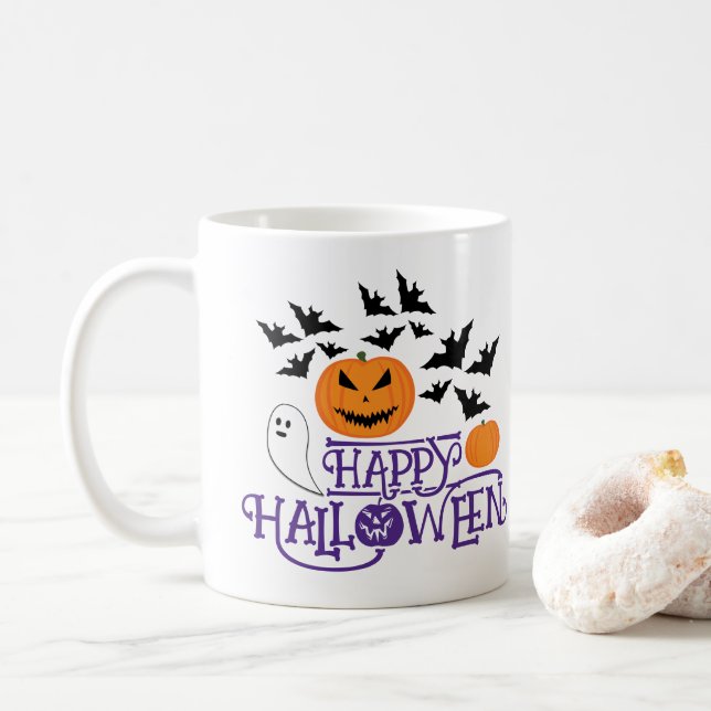 Caneca De Café Feliz Halloween bombeiros fantasmas morcegos roxos (Com Donut)