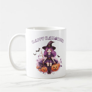 Caneca De Café Feliz Halloween Bruxa Roxa Abóboras & Morcegos