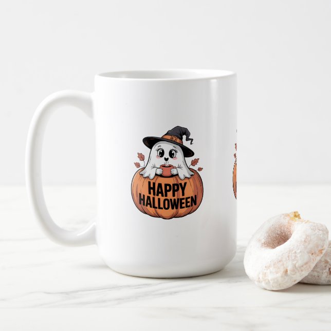 Caneca De Café Feliz Halloween Caffeine Ghost (Com Donut)