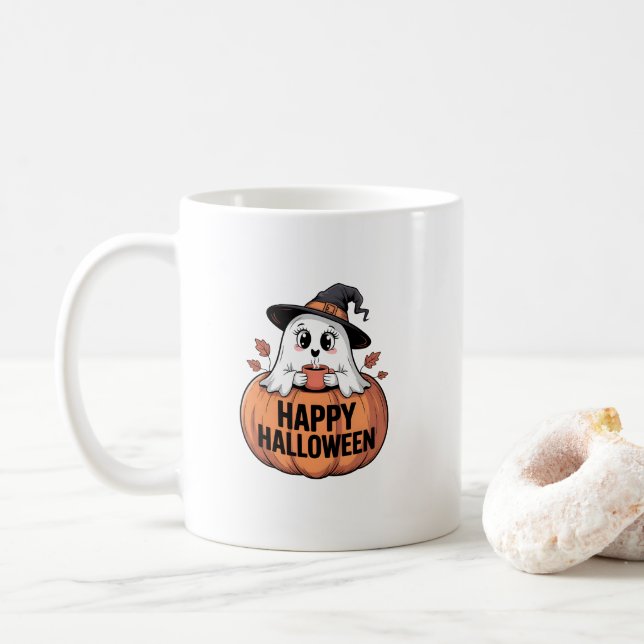 Caneca De Café Feliz Halloween Caffeine Ghost (Com Donut)