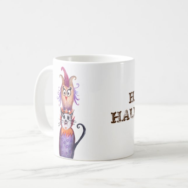 Caneca De Café Feliz Halloween Cat & Owen Art Custom Mug (Frente Esquerda)