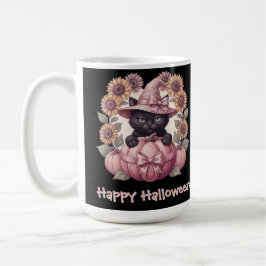 Caneca De Café Feliz Halloween Coquette Gato Preto & Abóbora Rosa
