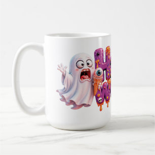 Caneca De Café Feliz Halloween Doce Texto Gotejante Com Morcegos