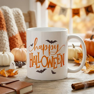 Caneca De Café Feliz Halloween Laranja Script com Morcegos Pretos