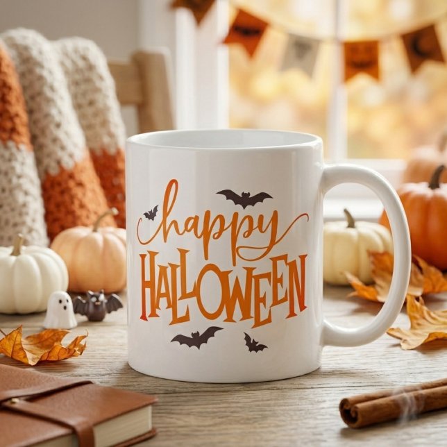 Caneca De Café Feliz Halloween Laranja Script com Morcegos Pretos (Happy Halloween Orange Script with Black Bats Coffee Mug)