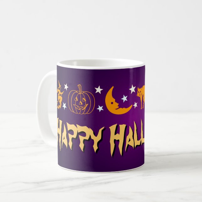 Caneca De Café Feliz Halloween Símbolos Assustadores Bruxa Lua Fa (Frente Esquerda)