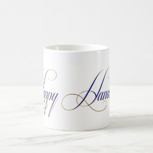 Caneca De Café Feliz Hanukkah Azul, Dourado Elegante, Design Mug