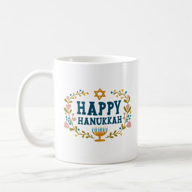 Caneca De Café FELIZ HANUKKAH Menorah floral, Feriado Judaico (Esquerda)