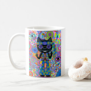 Caneca De Café Feliz Hippie Gato Óculos de Sol Sinal de Paz Flor