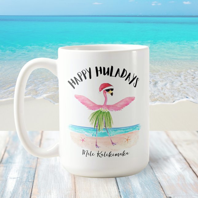 Caneca De Café Feliz Huladays Flamingo Papais noeis Praia Natal (Criador carregado)