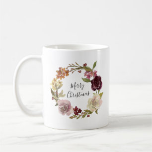 Caneca De Café Feliz Natal Aquarela Floral Coroa