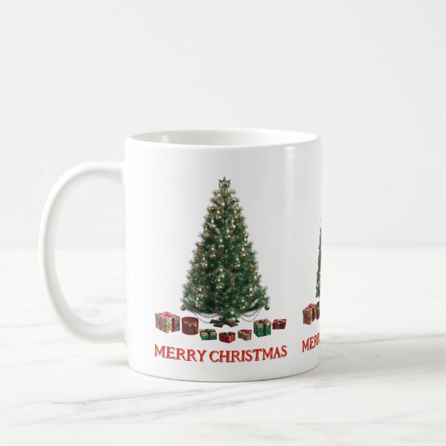 Caneca De Café Feliz Natal. Árvore (design 1) com presentes (Esquerda)