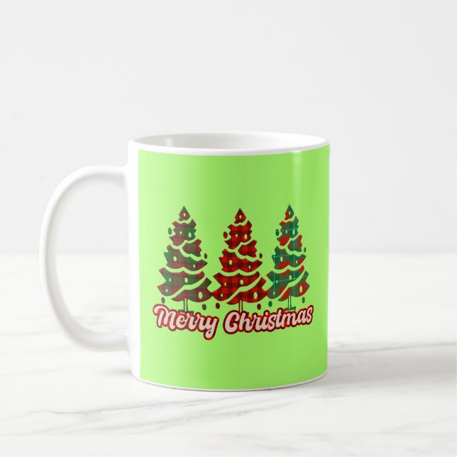 Caneca De Café Feliz Natal Árvores de Xadrez Búfalo Design-42019 (Esquerda)
