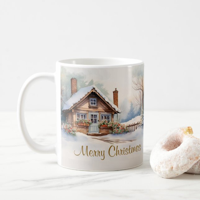 Caneca De Café Feliz Natal Cabine na paisagem nevada (Com Donut)