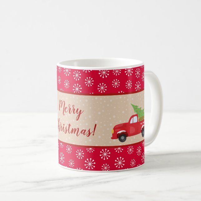 Caneca De Café Feliz Natal com Caminhão e Árvore, Nome da Família (Frente Esquerda)
