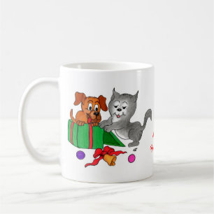 Caneca De Café Feliz Natal com Gato e Cachorrinho