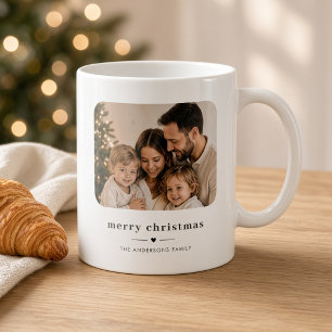 Caneca De Café Feliz Natal Coração Minimalista Foto da Família