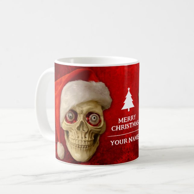Caneca De Café Feliz Natal. Crânio vestindo chapéu de Papai Noel (Frente Esquerda)