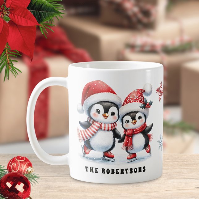 Caneca De Café Feliz Natal Da Família De Pinguins De Gelo (Criador carregado)