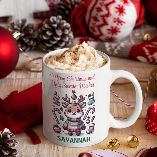 Caneca De Café Feliz Natal & Desejos de Suéter Feio para Renaud (Criador carregado)