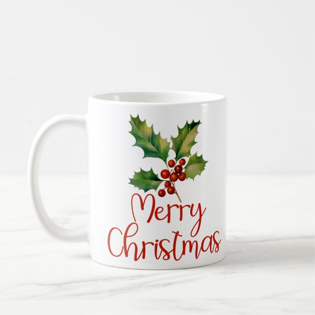 Caneca De Café Feliz Natal, Design de Poinsettia Berries (Esquerda)