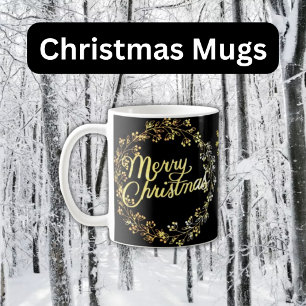 Caneca De Café Feliz Natal em Dourado sobre Fundo Metálico Preto