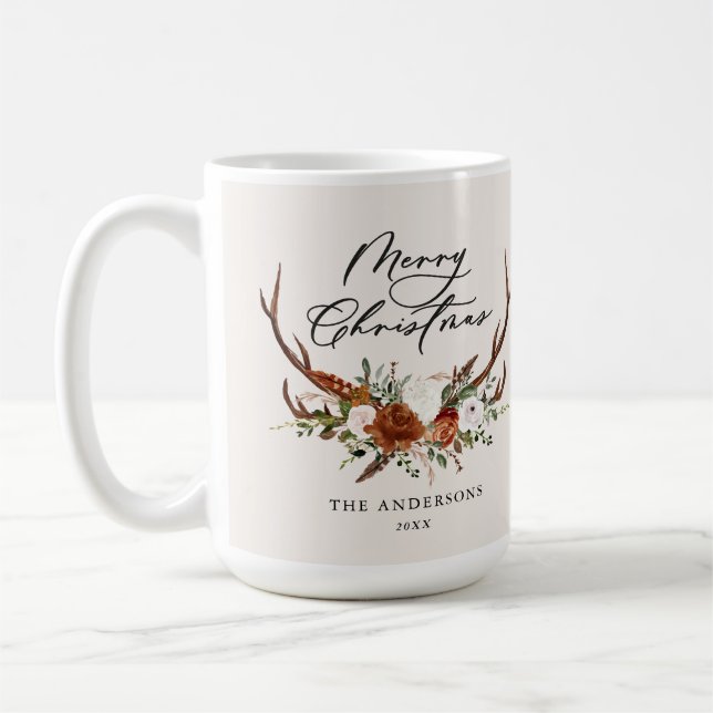 Caneca De Café feliz natal em flores de veado em aquarela (Esquerda)