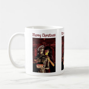 Caneca De Café Feliz Natal. Esqueleto engraçado com mulher