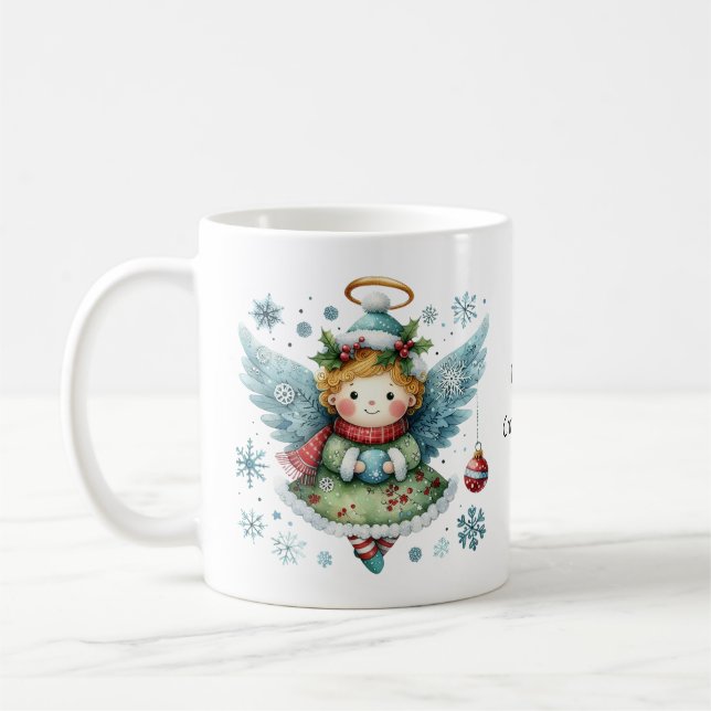 Caneca De Café Feliz Natal Estilo de Arte Foliar de Anjo (Esquerda)