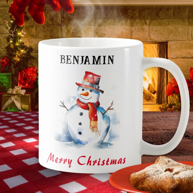 Caneca De Café Feliz Natal Festivo Personalizado Snowman (A personalized Christmas mug for hot drinks, with illustration of a snowman in a watercolor style)