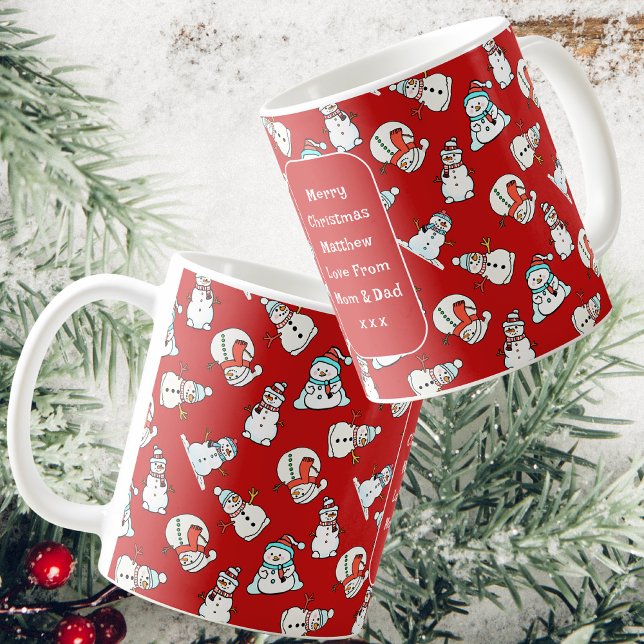 Caneca De Café Feliz Natal Filho | Café Red Snowman (Front, Side And Back)