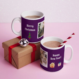 Caneca De Café Feliz Natal Foto da Família Roxo