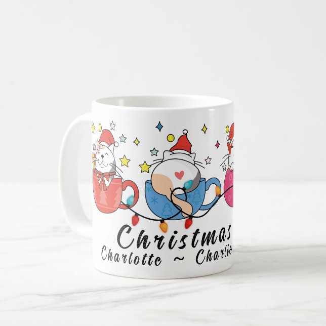 Caneca De Café Feliz Natal Gatos I Monograma Festa de Natal (Frente Esquerda)