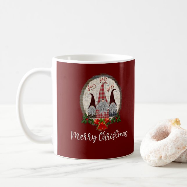 Caneca De Café Feliz Natal Gnomos Rustic, Xadrez, Trendência (Com Donut)