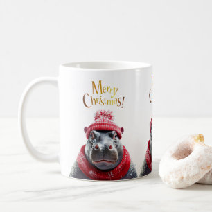 Caneca De Café Feliz Natal Hippo Santa Chapéu e cachecol