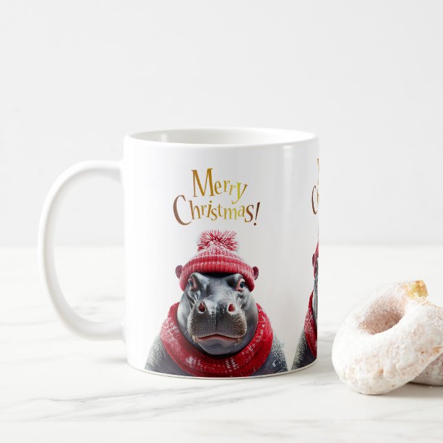Caneca De Café Feliz Natal Hippo Santa Chapéu e cachecol (Com Donut)