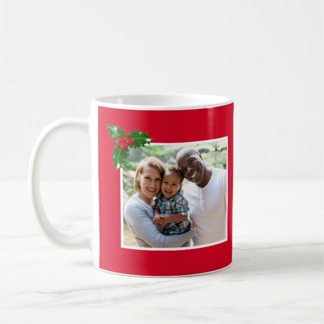 Caneca De Café Feliz Natal Holly Sprig - Foto Personalizada - (Esquerda)