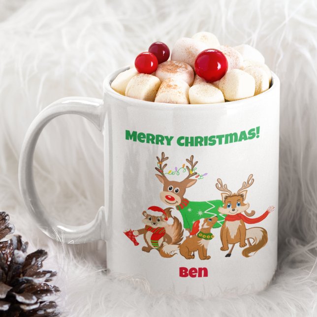 Caneca De Café Feliz Natal! Lindo Cervo, Raposas & Esquilo   (Criador carregado)