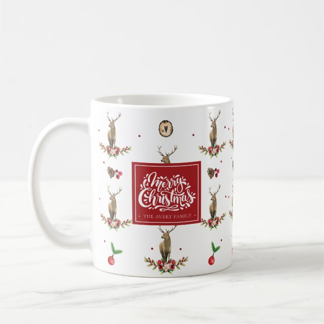 Caneca De Café Feliz Natal Padrão de Veado de inverno Personaliza (Esquerda)