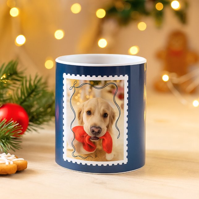 Caneca De Café Feliz Natal Personalizado Marinho de Foto Pet Azul (Criador carregado)