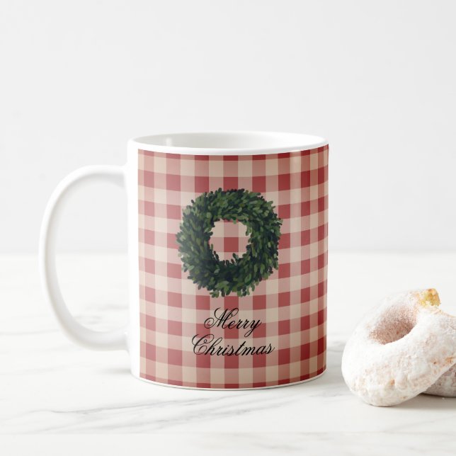 Caneca De Café Feliz Natal Red Gingham Xadrez Wreath (Com Donut)
