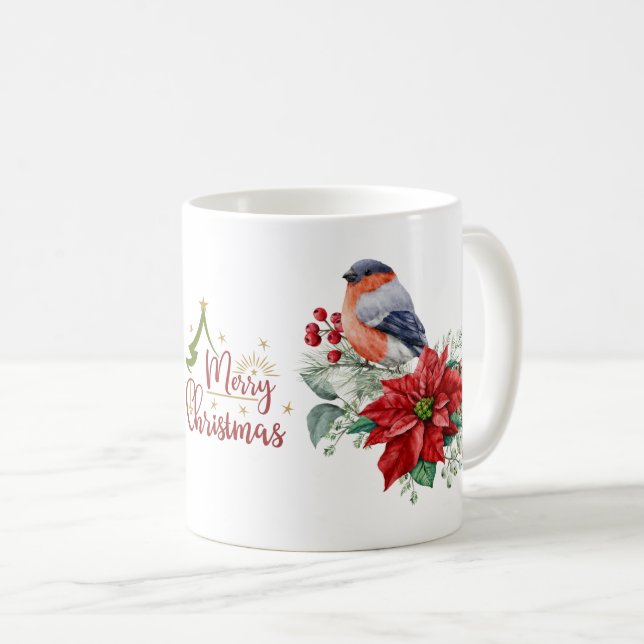 Caneca De Café Feliz Natal Red Poinsettia Bird Holly Berry (Frente Esquerda)