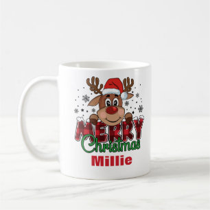 Caneca De Café Feliz Natal Reindeer Santa Hat Nome Personalizado