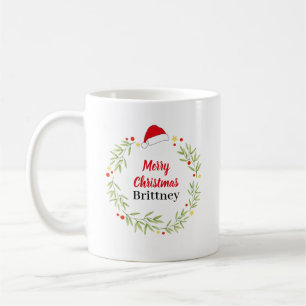 Caneca De Café Feliz Natal Santa Hat Wreath Personalizado