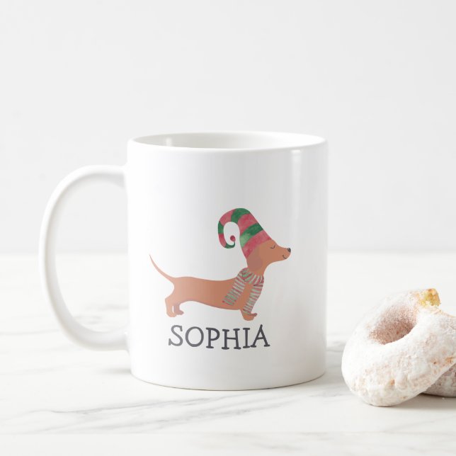 Caneca De Café Feliz Natal - Simples Cão de Dachshund (Com Donut)