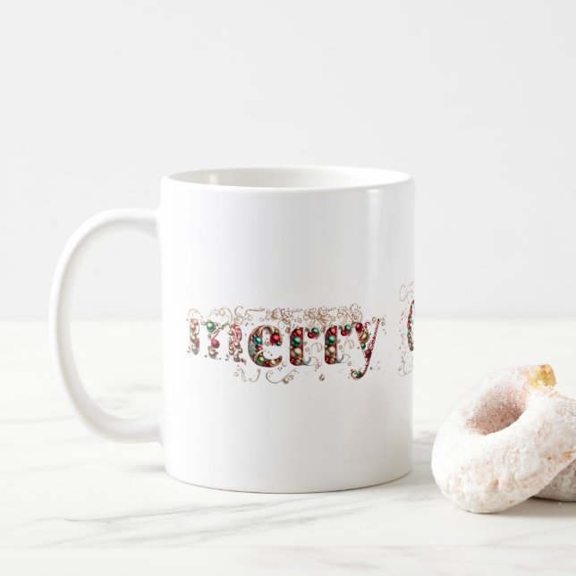 Caneca De Café Feliz Natal Texto Decorativo Dourado e Bolas (Com Donut)
